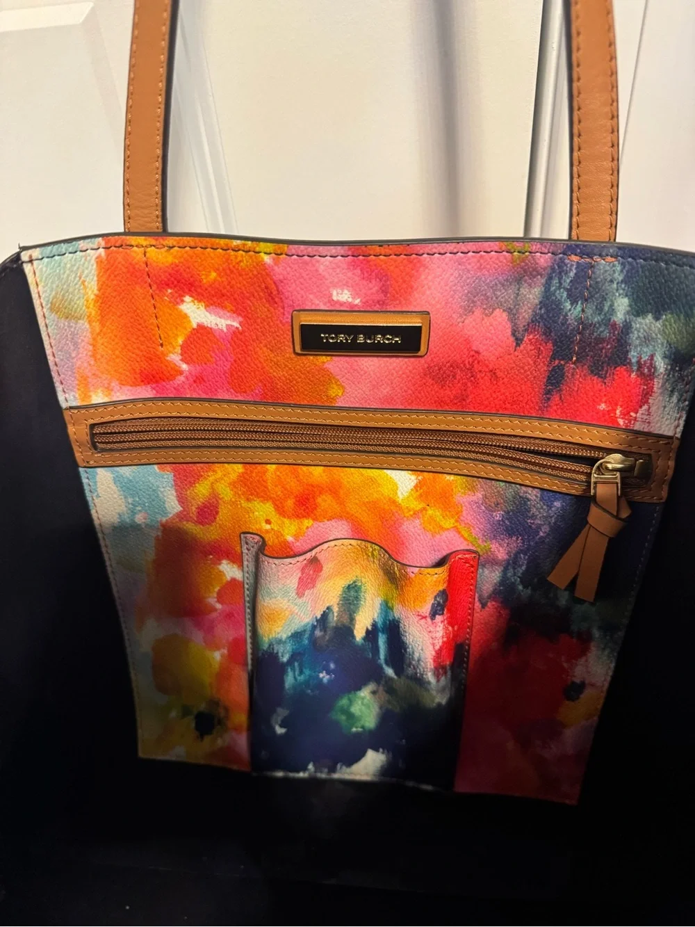 Tory Burch Painterly Multi-Color Floral Tote with Tan Handles